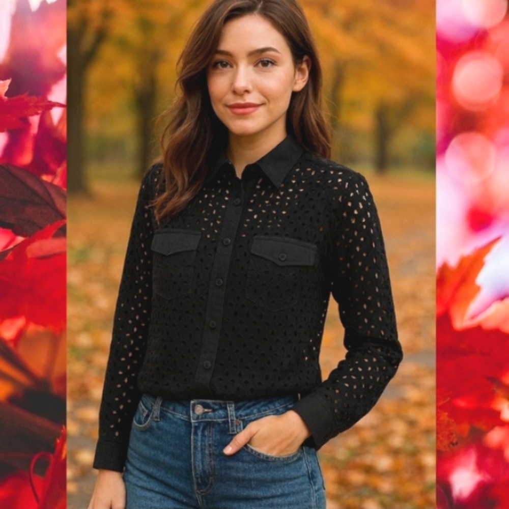 Vintage Black Eyelet Button Down Shirt Susan Graver